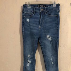 Distressed high rise jeans.